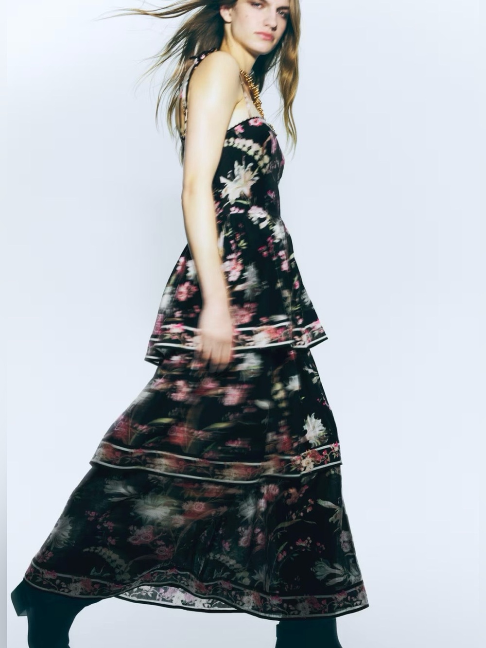 New H&M Tiered Linen Blend Tie-Top Shoulder Dress (Black/Floral) XS 1328033001
